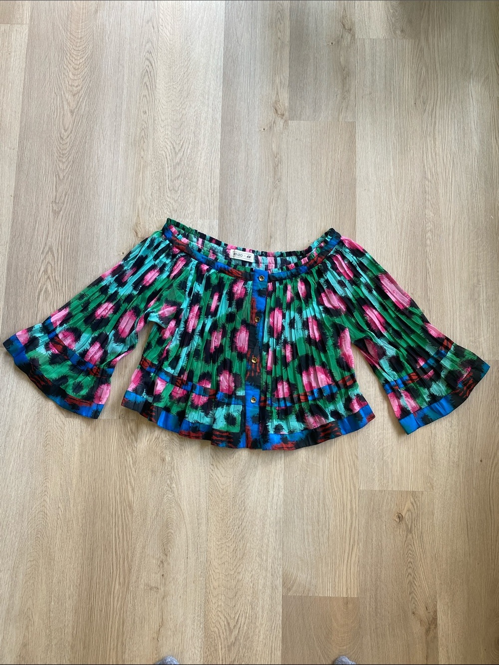 KENZO x H&M Pleated Floral Print Blouse Green Pink Blue Size 6 - Picture 3 of 13